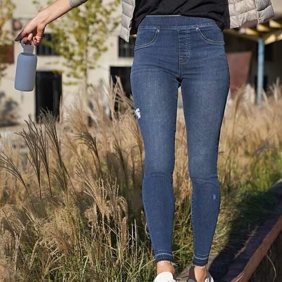 Spanx Distressed Denim High Rise Elastic Waist Jeggings Size S - Picture 1 of 5